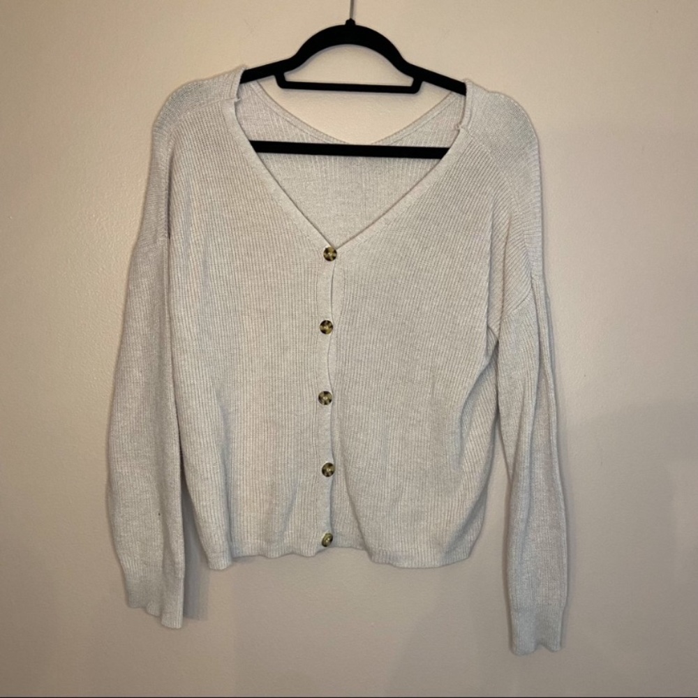 HEATHER OATMEAL BUTTON DOWN V NECK CARDIGAN SWEATER